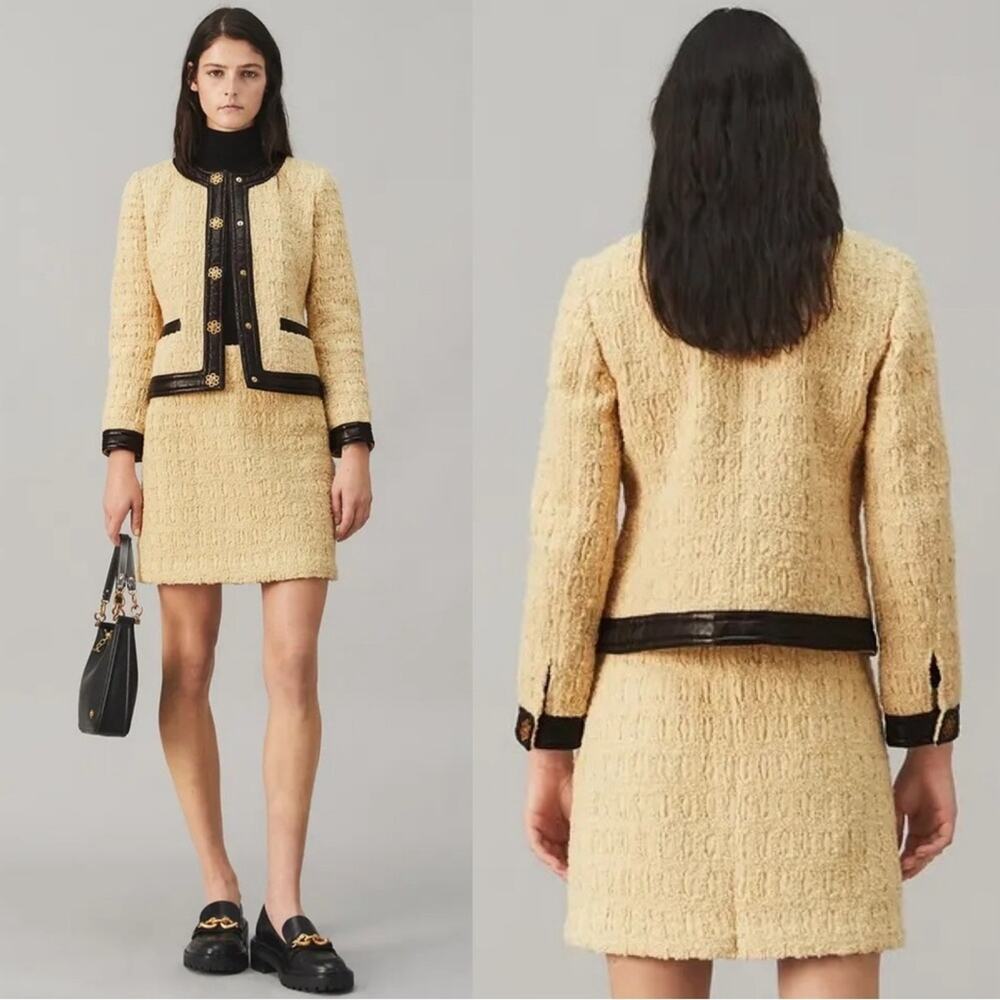 Tory Burch Cropped Boxy Tweed Wool Blend Blazer Jacket Size 0 Dark Natural Ivory